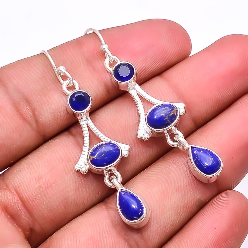 Copper Lapis Lazuli, Sapphire Multi Collet Simulated 925 Silver Earring 2.03