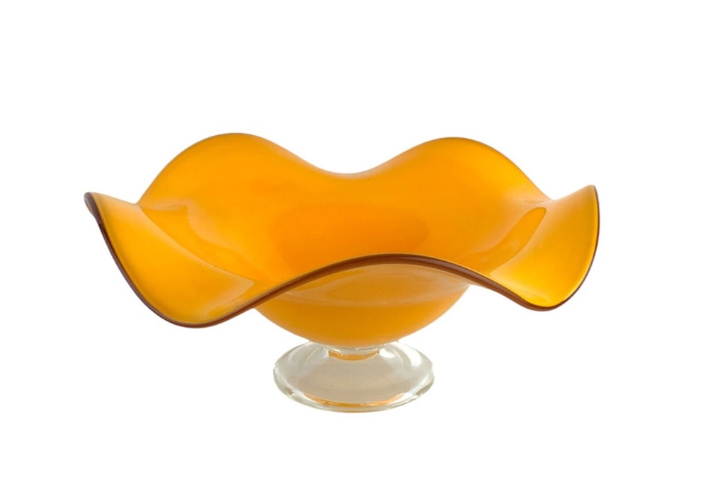 Vintage Handblown Orange Ruffled Pedestal Compote Bowl 9 Inch Art Glass Telafora
