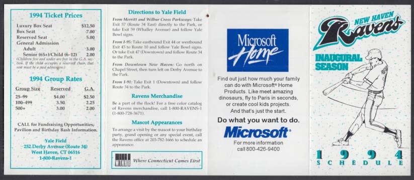 New Haven Ravens Eastern League Inaugural Season pocket schedule 1994