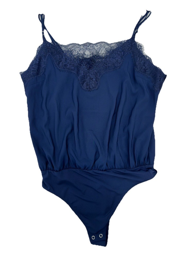 Express Lace Trim Downtown Cami Thong Bodysuit In Navy Blue Size Medium NEW