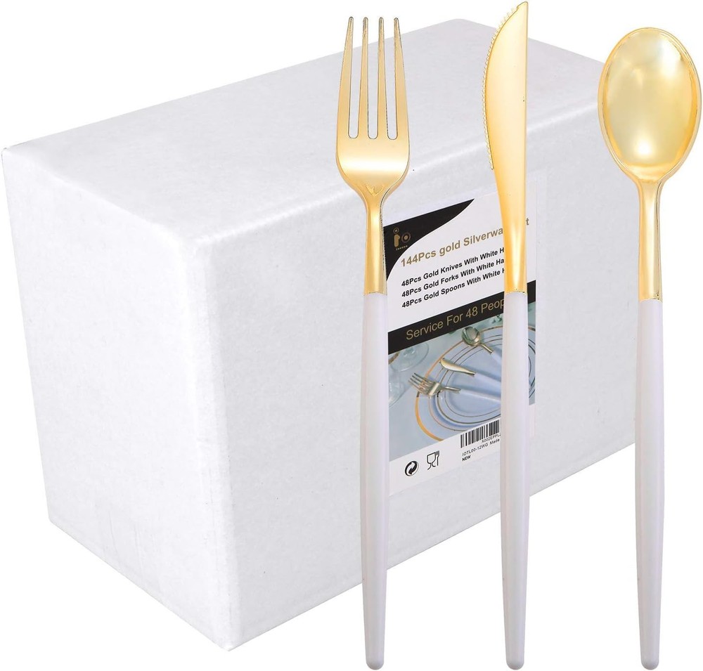 144Pcs Gold Plastic Cutlery Set - Elegant Valentine's Day Disposable Silverware
