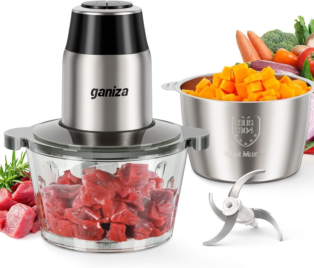 GANIZA Electric Food Processor & Chopper – 450W Meat Grinder with 2x 8-Cup Bowls