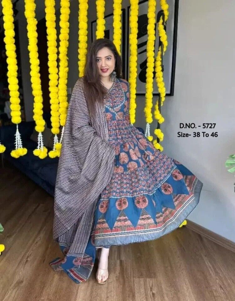 Hand Block Printed Color Kurti With Pant with Dupatta,Hand Adda Beads Work ,7XL