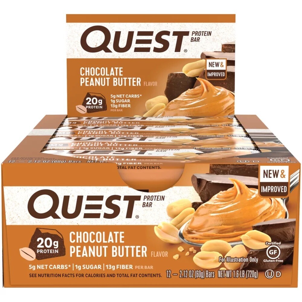 Quest Protein Bar, Chocolate Peanut Butter, 20g Protein, 12 Ct 13 Grams of Fiber