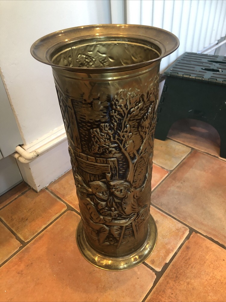 Vintage Brass Umbrella Cane Holder Bar Scene Stick Stand Storage Bin Excellent Condition