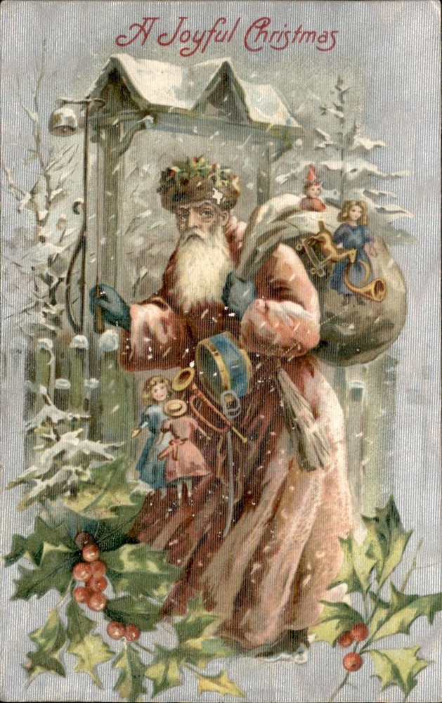 Christmas Father Christmas Pinkish Coat Embossed c1900-20s Vintage Postcard