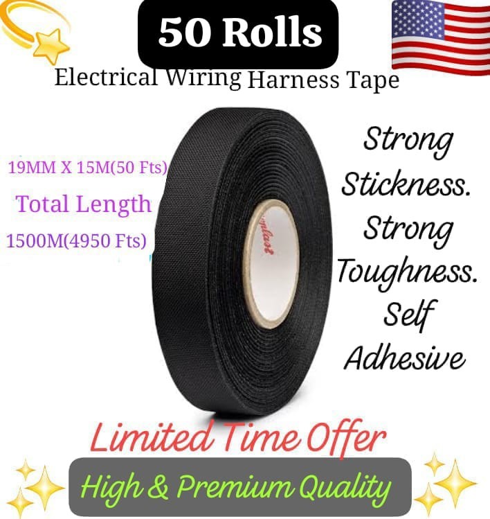 50 Rolls 15M X 19MM Electrical Wiring Harness Cloth Tape SUV Car Auto Vinyl 3M