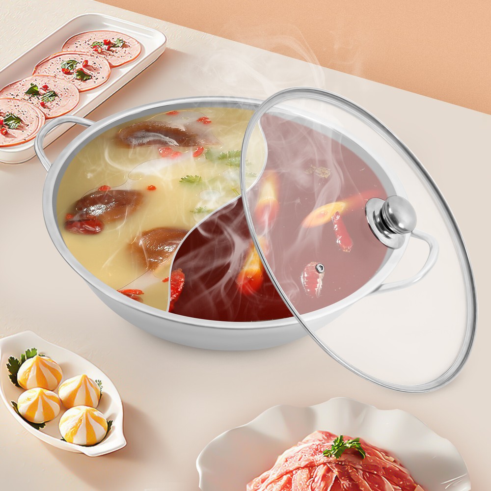 Stainless Steel Dual Divider Shabu Shabu Hot Pot with Glass Lid