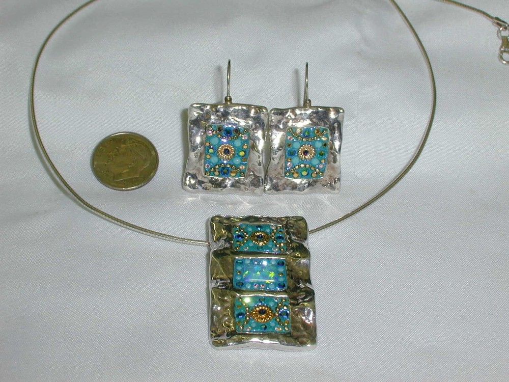 Orit Schatzman- DESIGNER O S ISRAEL STERLING SILVER OPAL CZ NECKLACE EARRING SET
