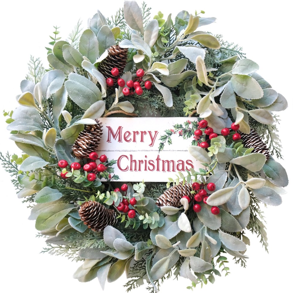 18-Inch Christmas Wreath for Front Door with Berries and Pinecones – Artificial Winter Holiday Decor