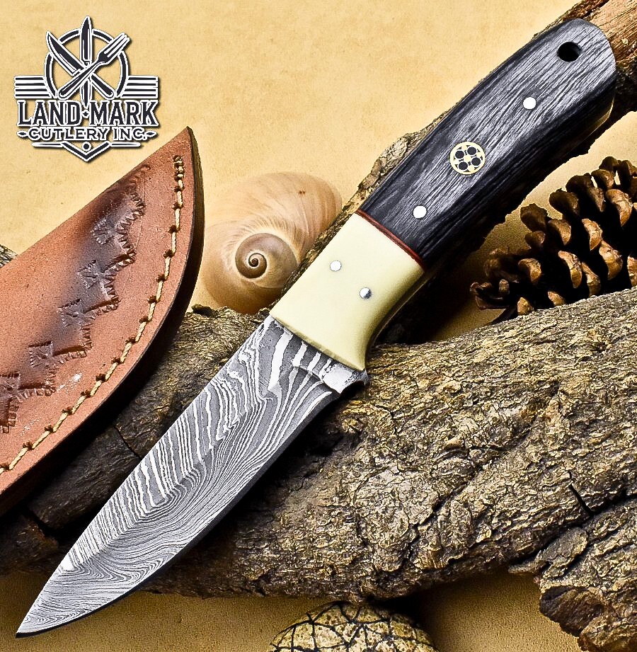 BEAUTIFUL DAMASCUS HANDE MADE HUNTING SKINER KNIFE WITH PAKKA WOOD & BONE HANDLE