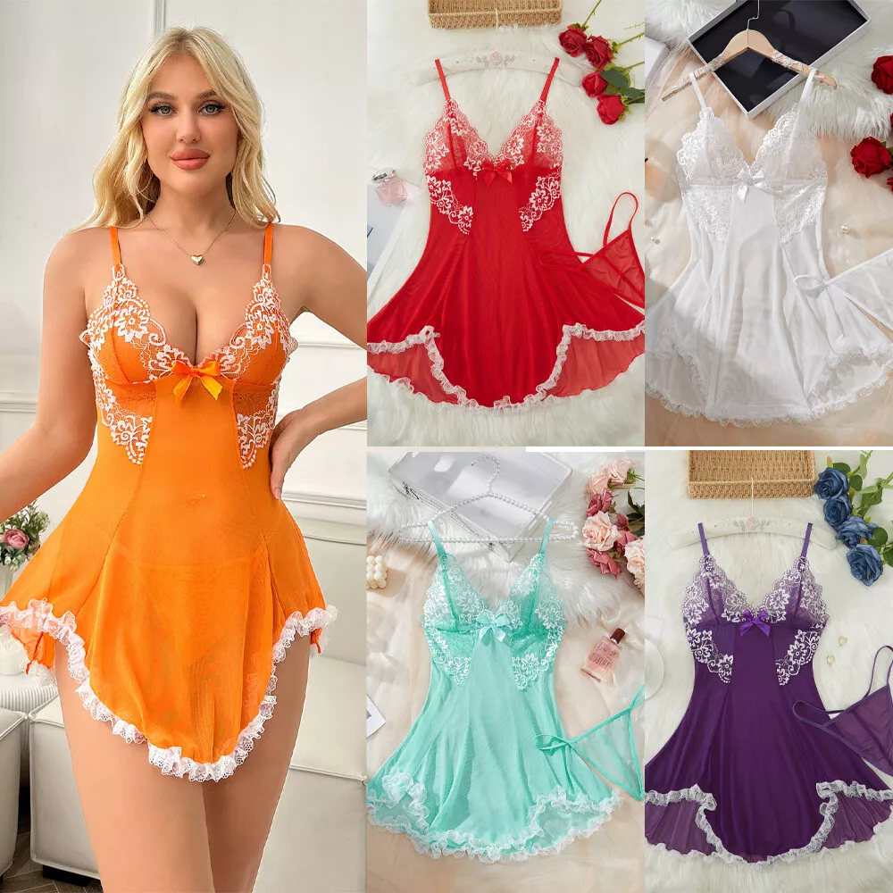Sexy Womens Lingerie V-neck Babydoll Floral Sleepwear Lace Sheer Slip Dress Set