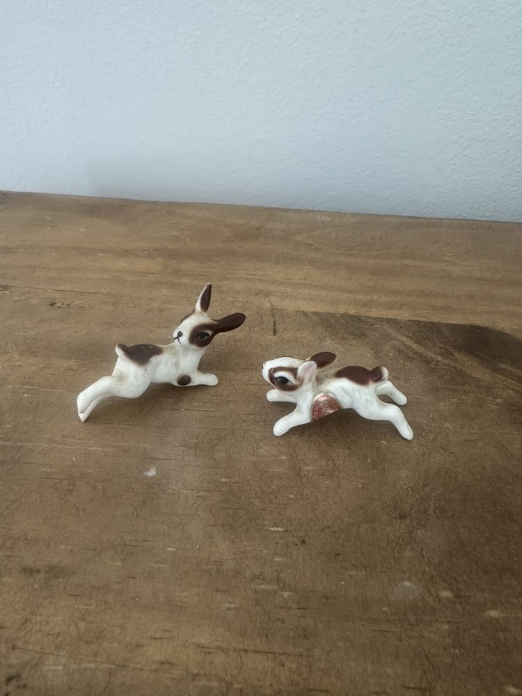 Pair Of Vintage Miniature Bone China Rabbit Hares Brown And White