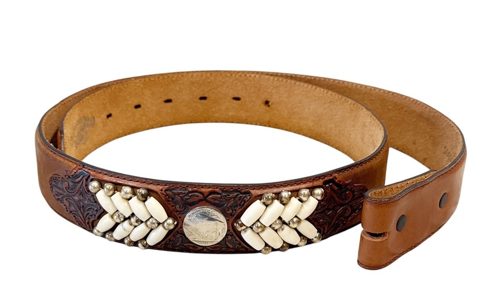 Vintage Justin Buffalo Nickel Shell Tooled Leather Belt Decorative HTF Size 38