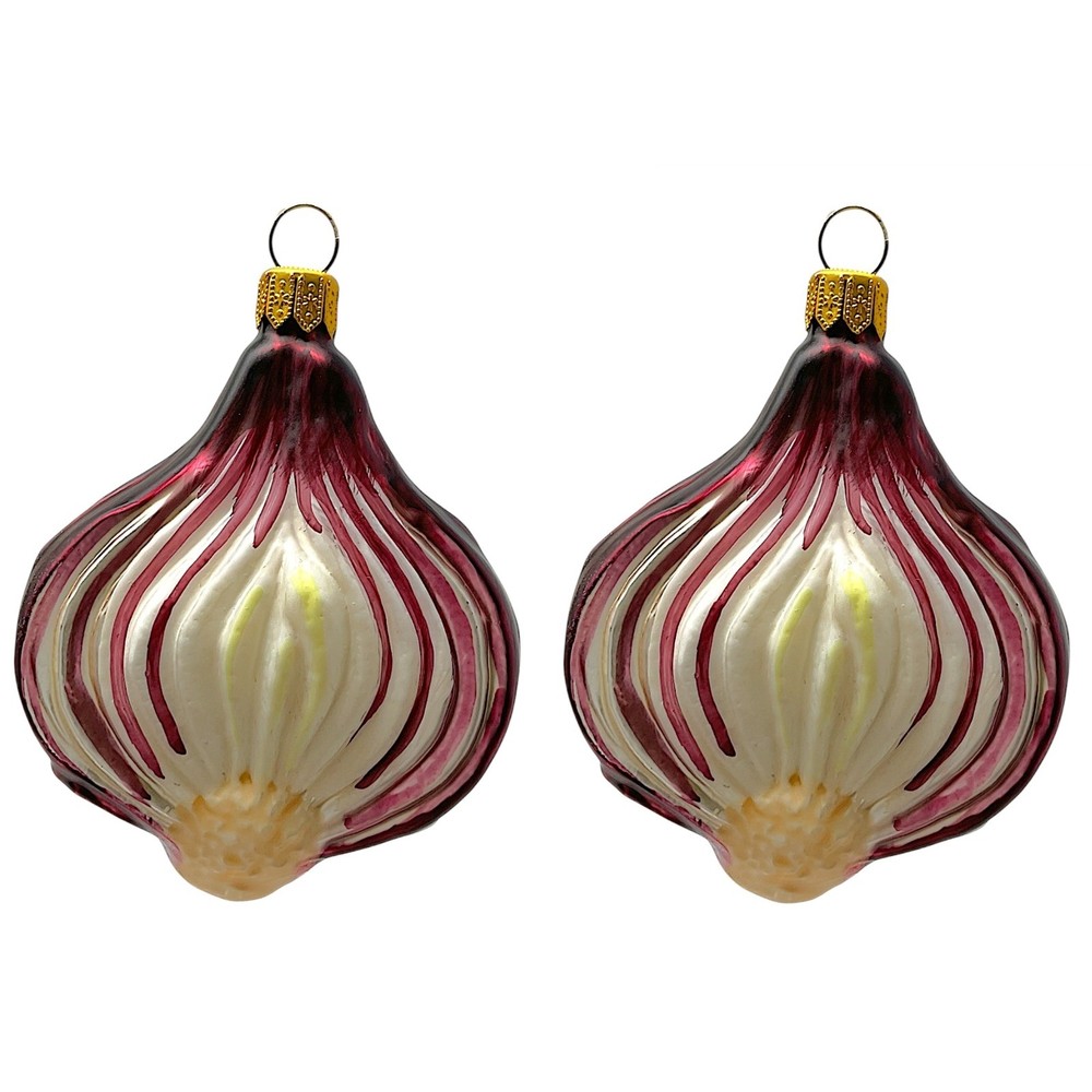 Red Onion Vegetable Polish Blown Glass Christmas Ornament Set of 2 Decorations