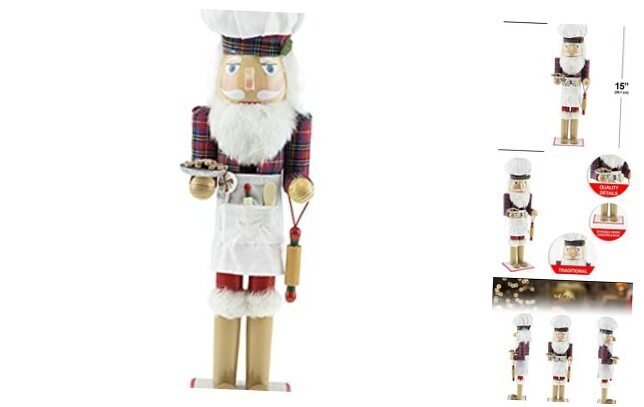 15 Inch Traditional Wooden Nutcracker, Festive Christmas Décor for Baker Santa