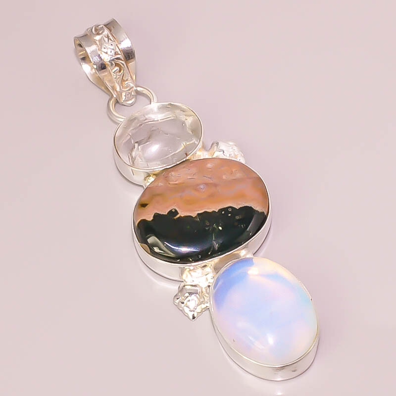 White Opal Crack Crystal Jasper 925 Sterling Silver Boho Pendant