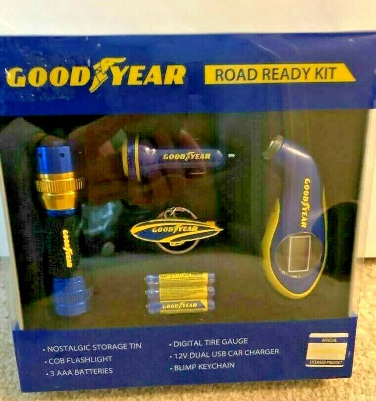 Good Year Road Ready Kit with LED Flashlight Tire Gauge and Keychains in Storage Tin-image