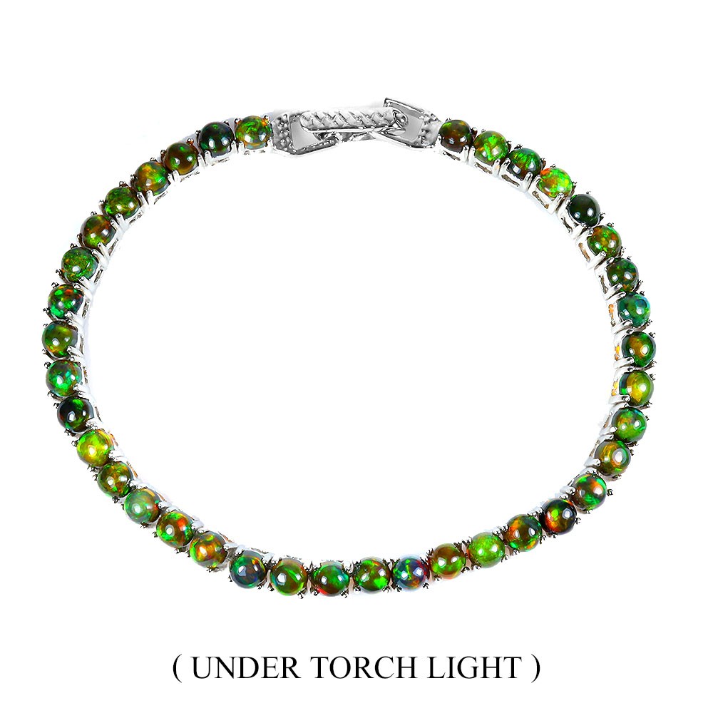 925 Sterling Silver Bracelet with 4mm Round Black Opal Natural Gemstone 7.5 Inch