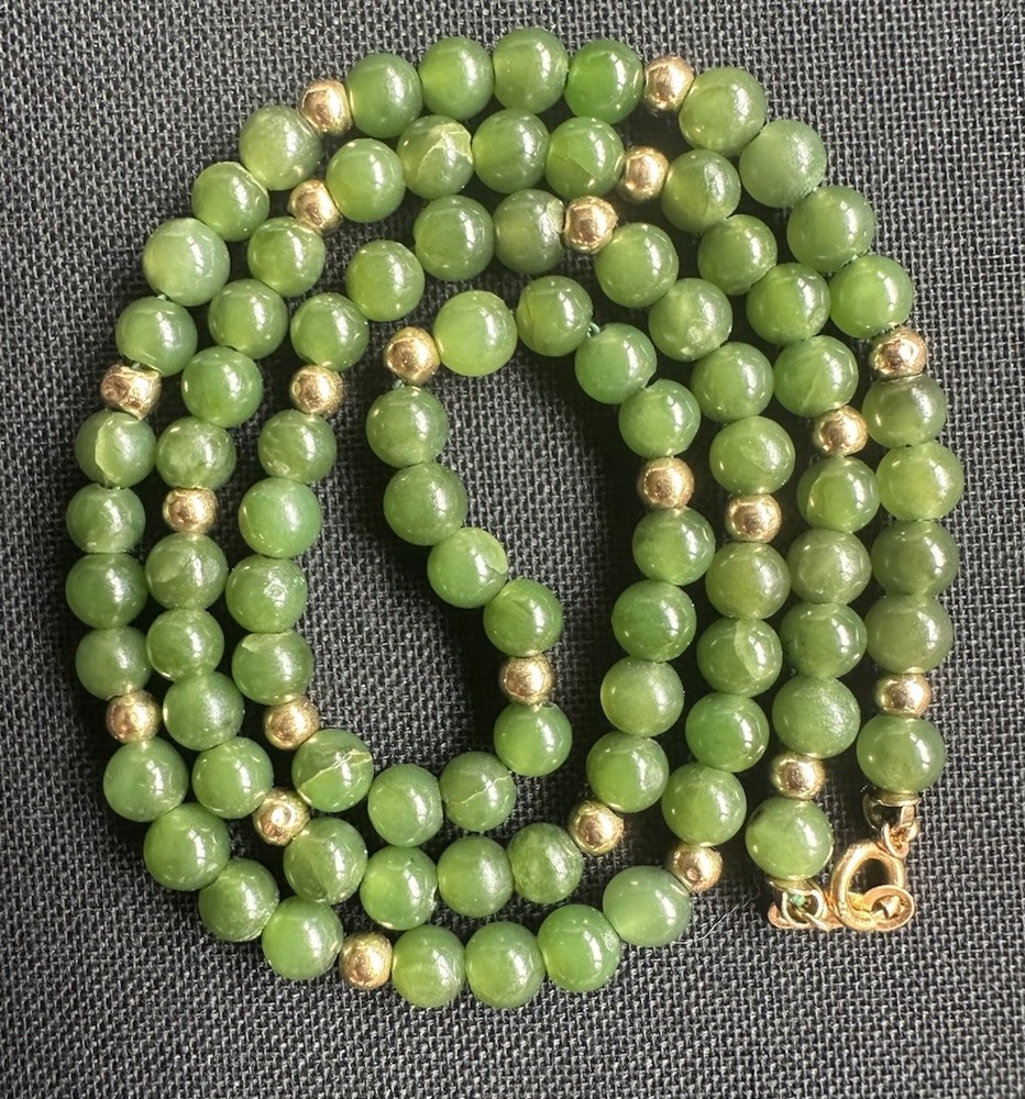 Vintage Nephrite Jade Necklace w/ 14K Gold Clasp Minimalist Beads Hand Knotted