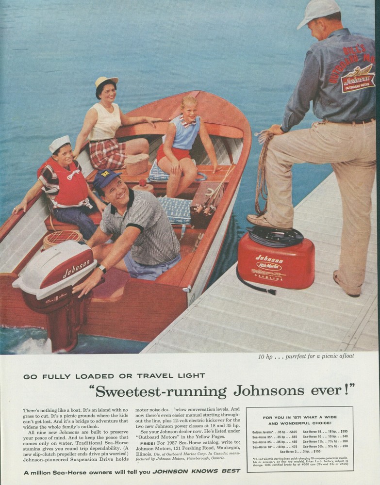 1957 Johnson Outboard Motor Vintage Print Ad Boat Family Life Vest Sea Horse SP3