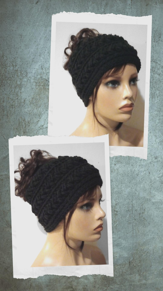 womans crochet handmade messy bun hat beanie puffs black USA made