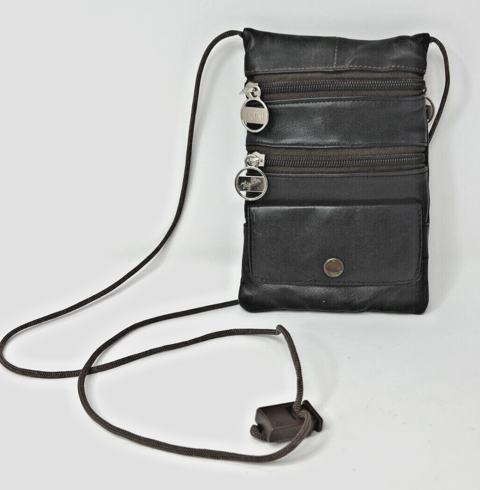 TONI Small Brown Leather Crossbody Bag Wallet Passport ID Change Adjustable