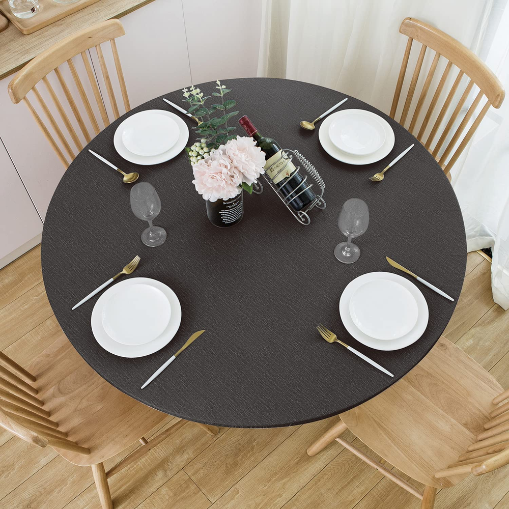 round Fitted Vinyl Tablecloth with Elastic Edge 100% Waterproof Oil Proof PVC Ta
