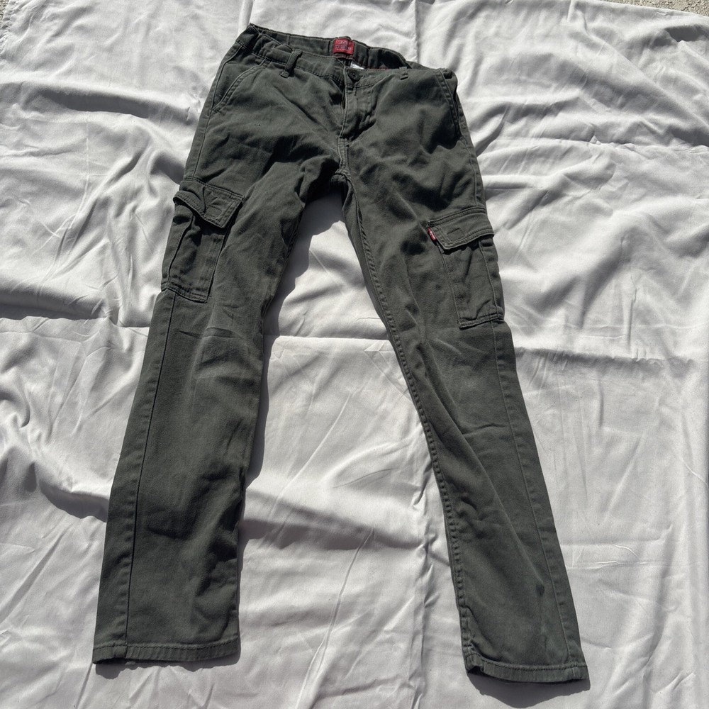 Levis Cargo Taper Fit Pants Men W26xL27 Dark Green Stretch Flex Snap Button