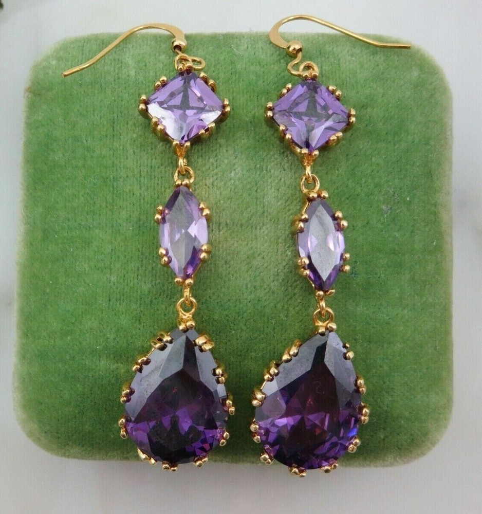 14K Yellow Gold Plated 3Ct Pear Simulated Amethyst Women's Drop Dangle Earrings