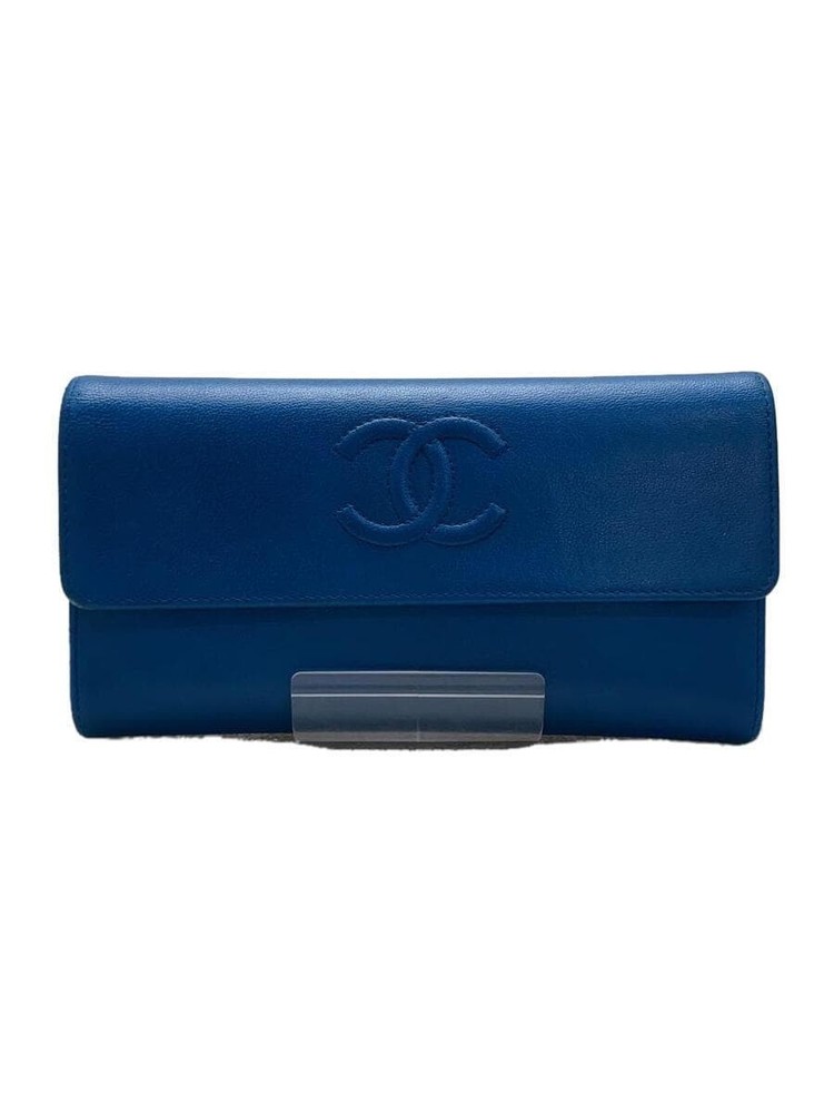 CHANEL Long Flap Wallet Coco Mark Blue Leather F/S Pre-Loved