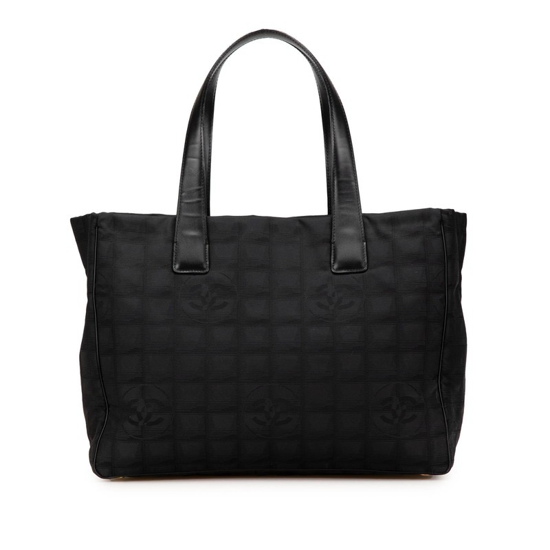 Chanel New Travel Line MM Coco Mark Nylon Leather Tote Bag Black Used