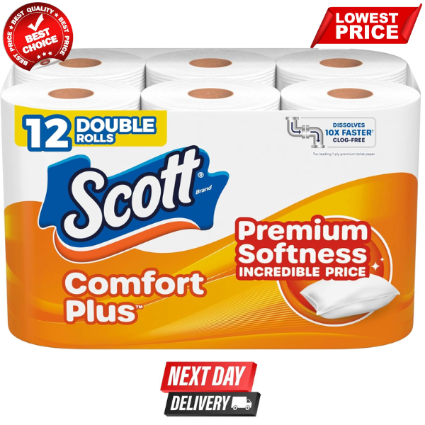 Scott ComfortPlus Toilet Paper, 12 Double Rolls,231 Sheets per Roll, Septic Safe