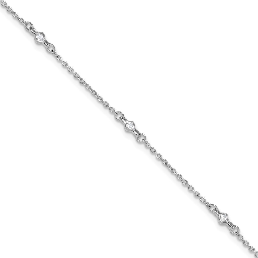 925 Silver Rhodium-Plated CZ Anklet 9in w/1in Extender
