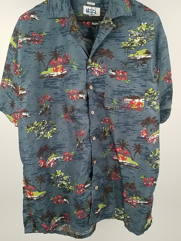 Uzzi Amphibious Gear Sz XL Hawaiian Shirt Blue Short Sleeve Button Up