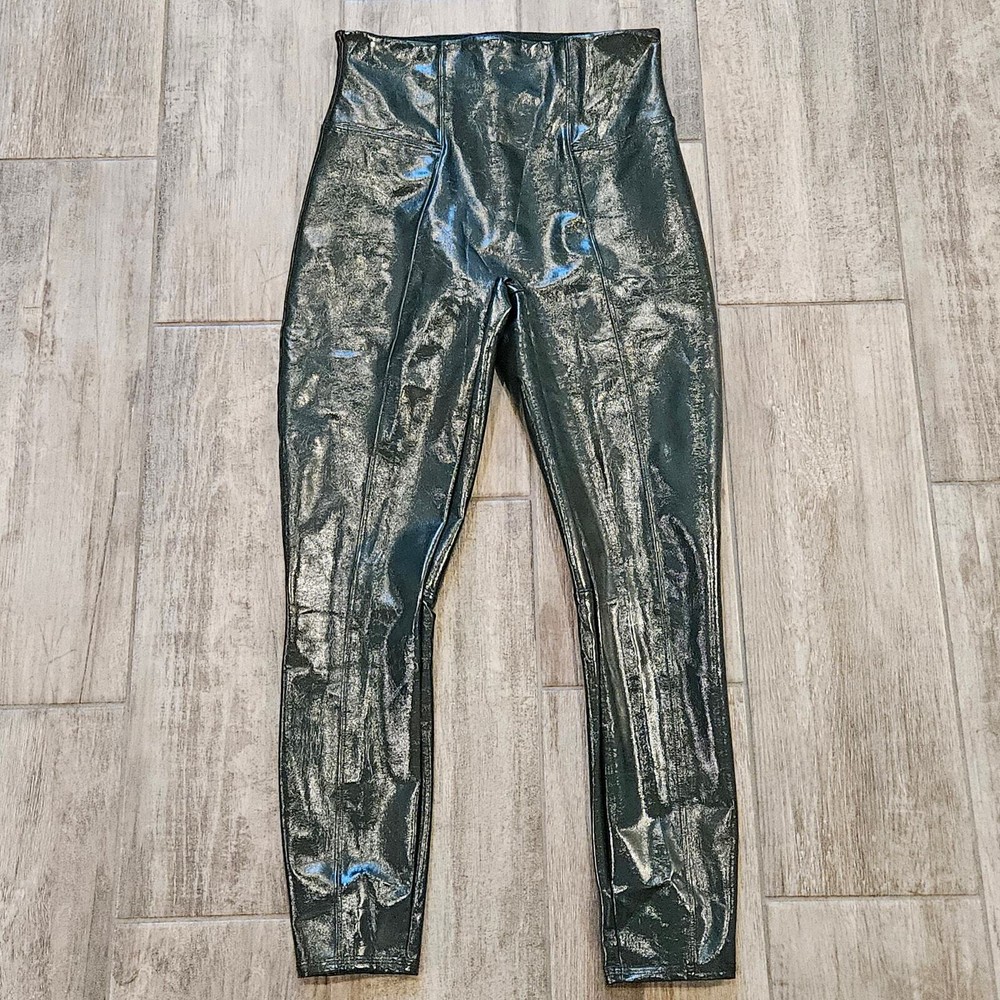 Spanx брюки женщин размер M искусственной лакированной кожи жидкий блеск леггинсы глубокий зеленый