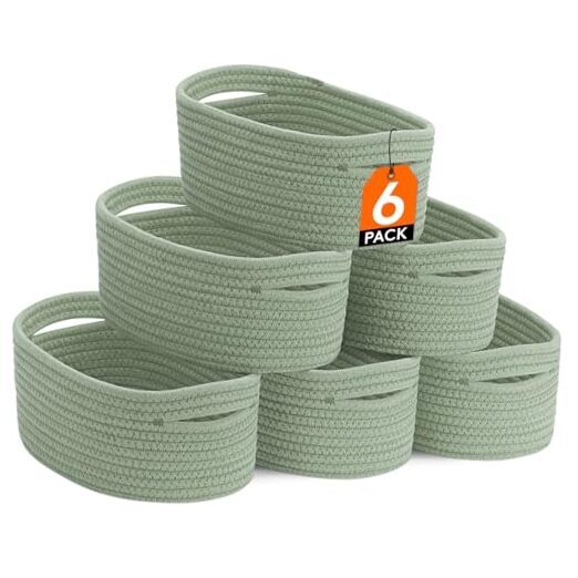 6 Pack Woven Baskets for Storage, Cotton Rope Baskets Cube Storage Bins, Green