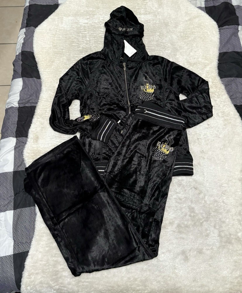 BCBG Max Azria Black Green Embellish Set Sweat Pants Hoodie Medium Y2K