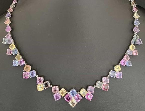 LARGE 59.44CT DIAMOND & AAA MULTI COLOR SAPPHIRE 18KT WHITE GOLD 3D NECKLACE