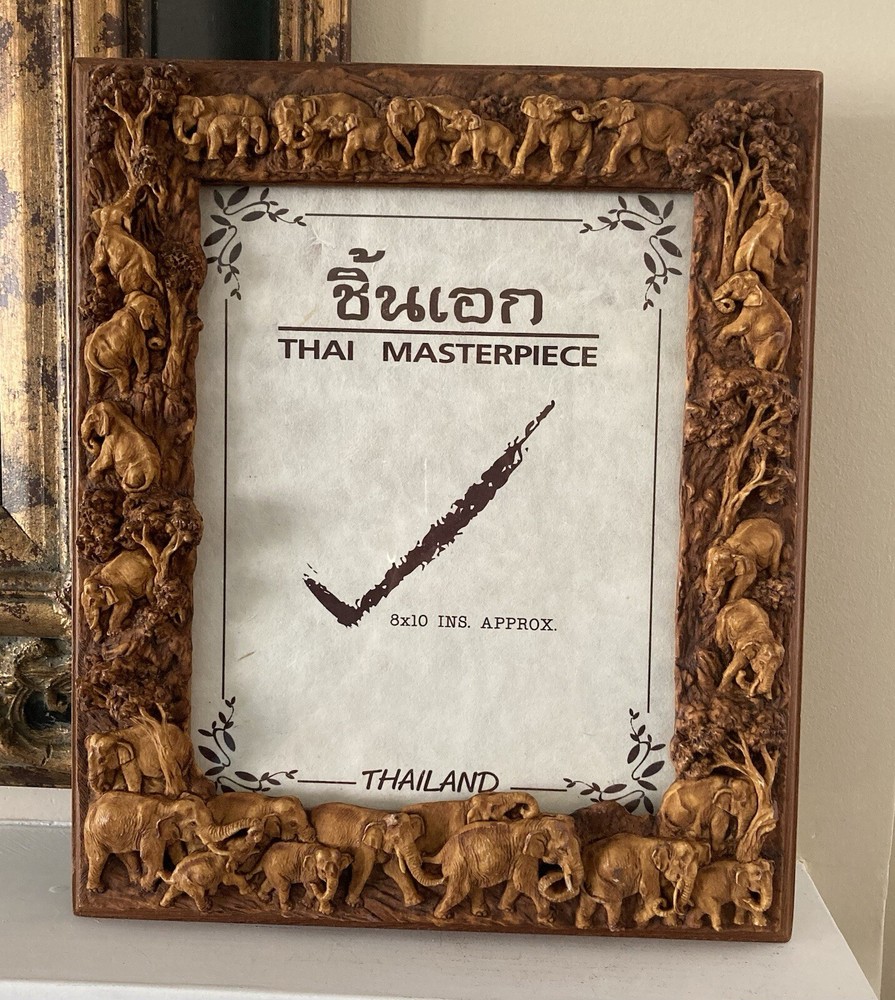 Thai Masterpiece 3D Carved Teak Elephant Picture Frame 8”x 10” Thailand