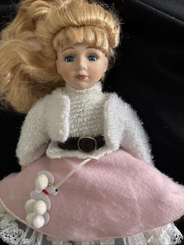 Vintage 15” Porcelain Doll In Poodle Skirt Blonde Hair Soft Body Saddle, Shoes