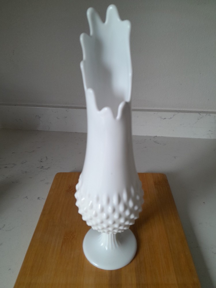 Vintage Fenton 13 Inch Milk Glass Swung Stretch Pedestal Vase Hobnail Signed