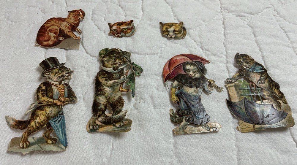 Antique Ephemera, Victorian Die Cuts, Anthropomorphic Cats With Umbrellas, 7