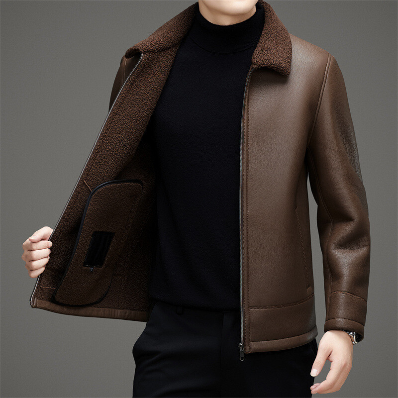 Men's Thickened Fur Velvet Winter PU Leather Jacket Business Overcoat  