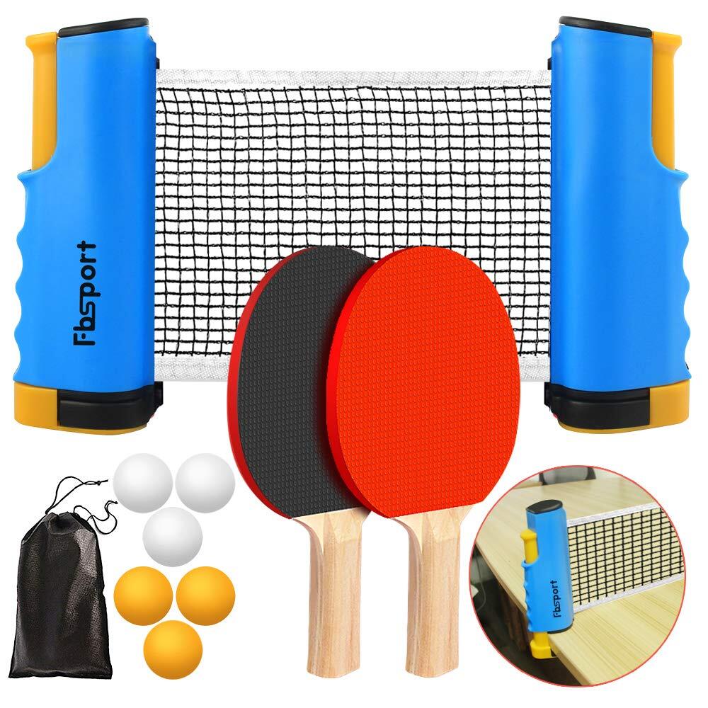 Ping Pong Paddle Set, Portable Table Tennis Set with Retractable Net, 2 Racke...