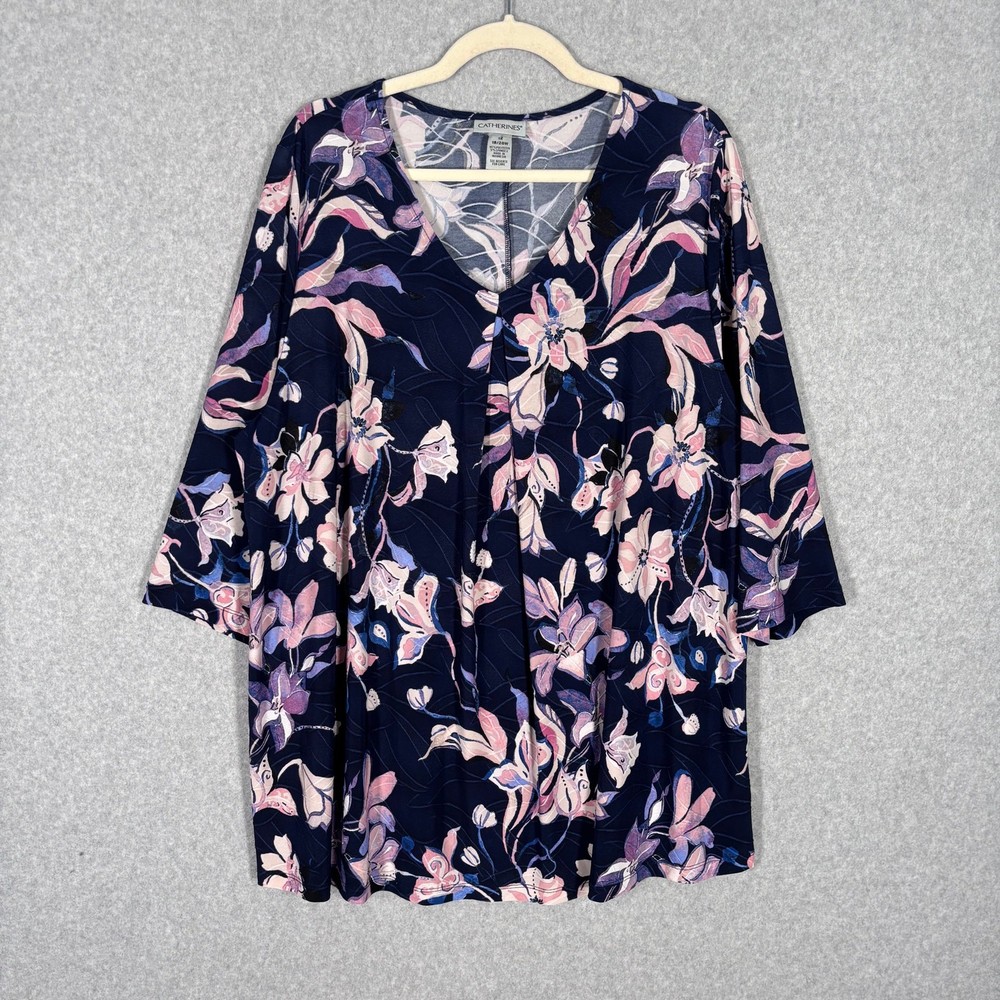 Catherines Top 1X Navy Floral Textured Stretch Flowy Tunic Feminine Cottage