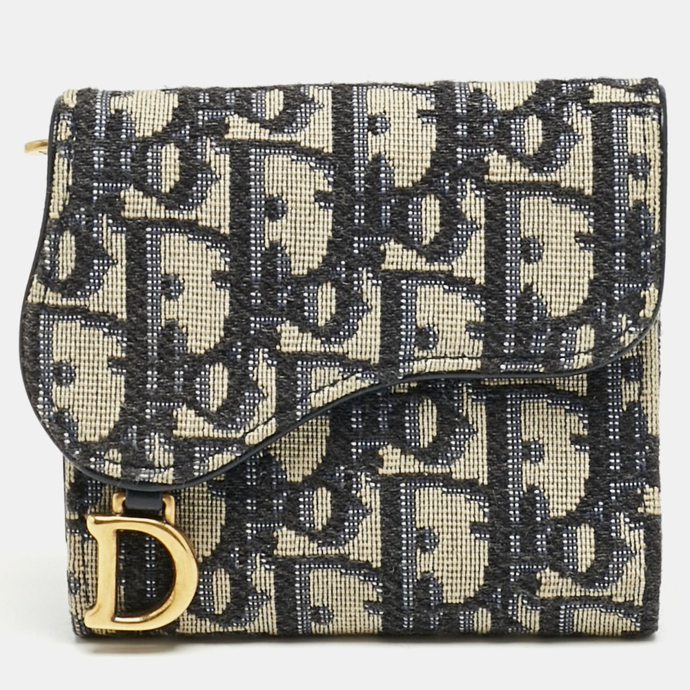 Dior Navy Blue Oblique Canvas Saddle Lotus Wallet