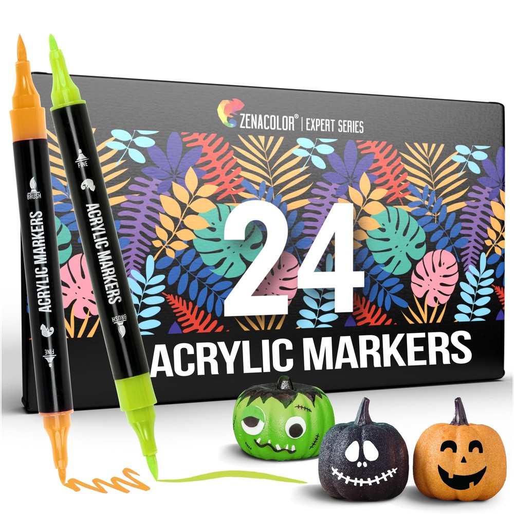 Zenacolor 24 Dual Tip Halloween Pumpkin Painting Kit Acrylic Paint Markers fo...