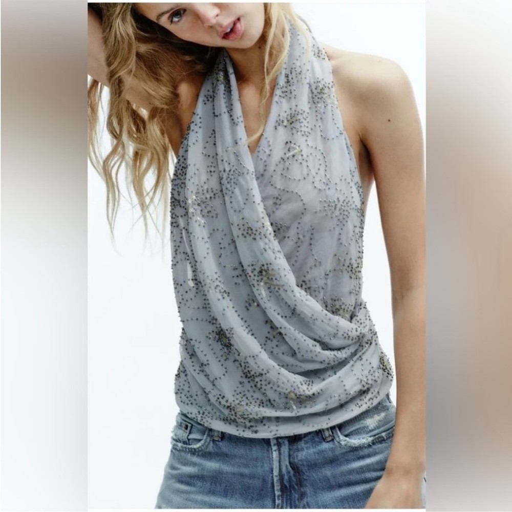 Zara Beaded Embroidered Halter Top Grey S NWT Sold out!