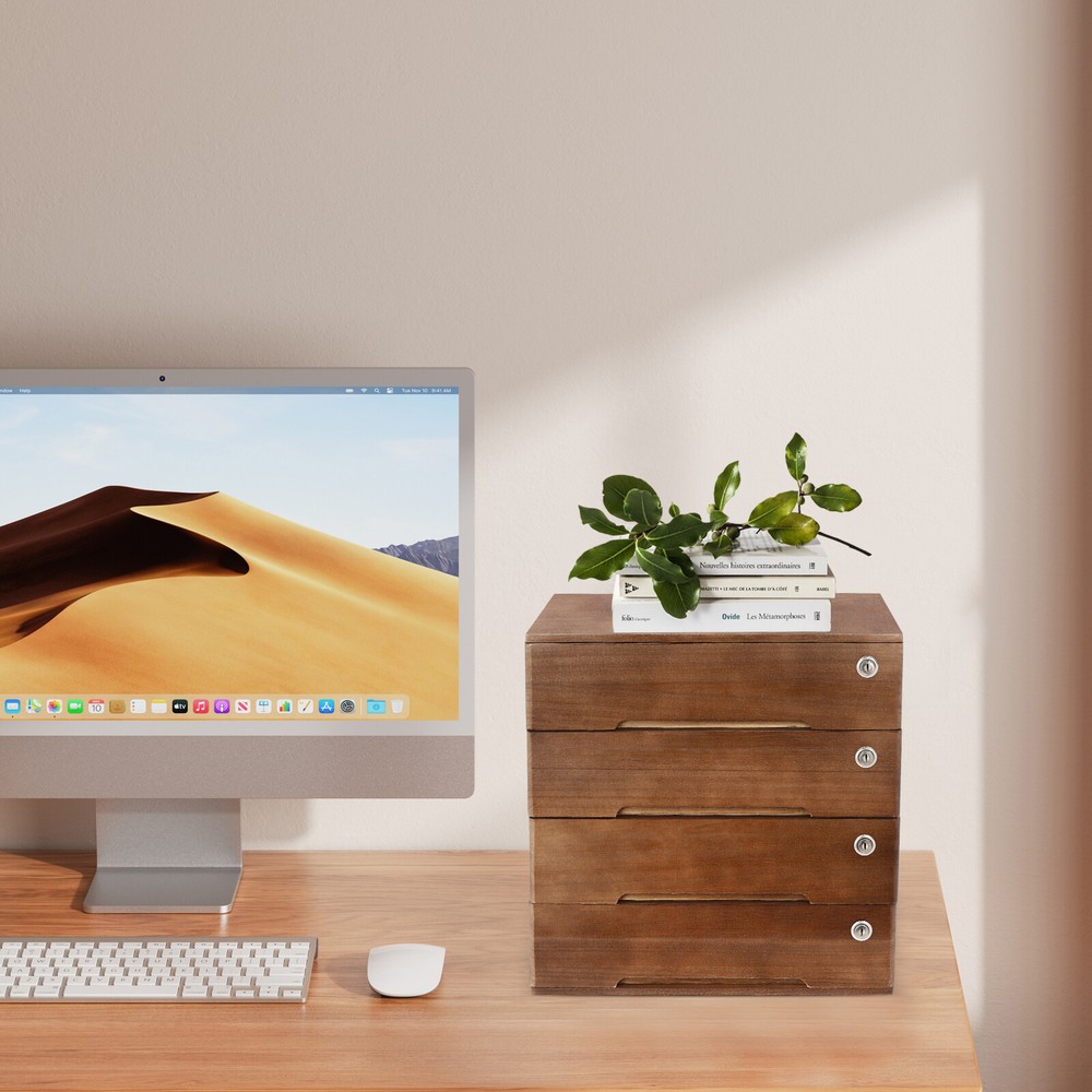 Wooden Desktop Storage Box with Lockable Drawers - Desk Organizer for Office & Home